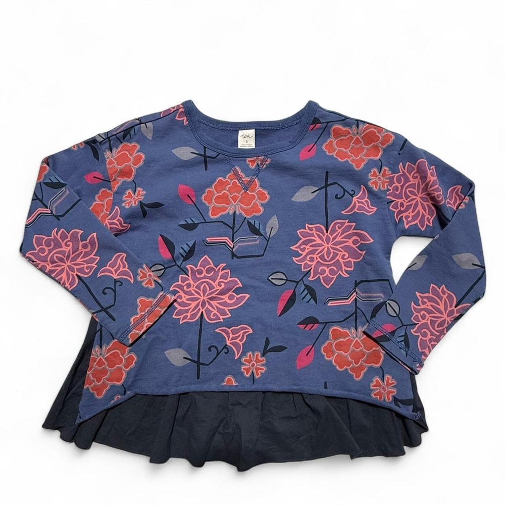 Tea Collection Girls Blue Floral French Terry Peplum Sweatshirt Size 8